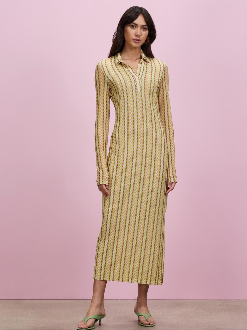 Find Me Now Judy Mesh Retro Striped/Check Button Collared Shirt Midi Dress Med